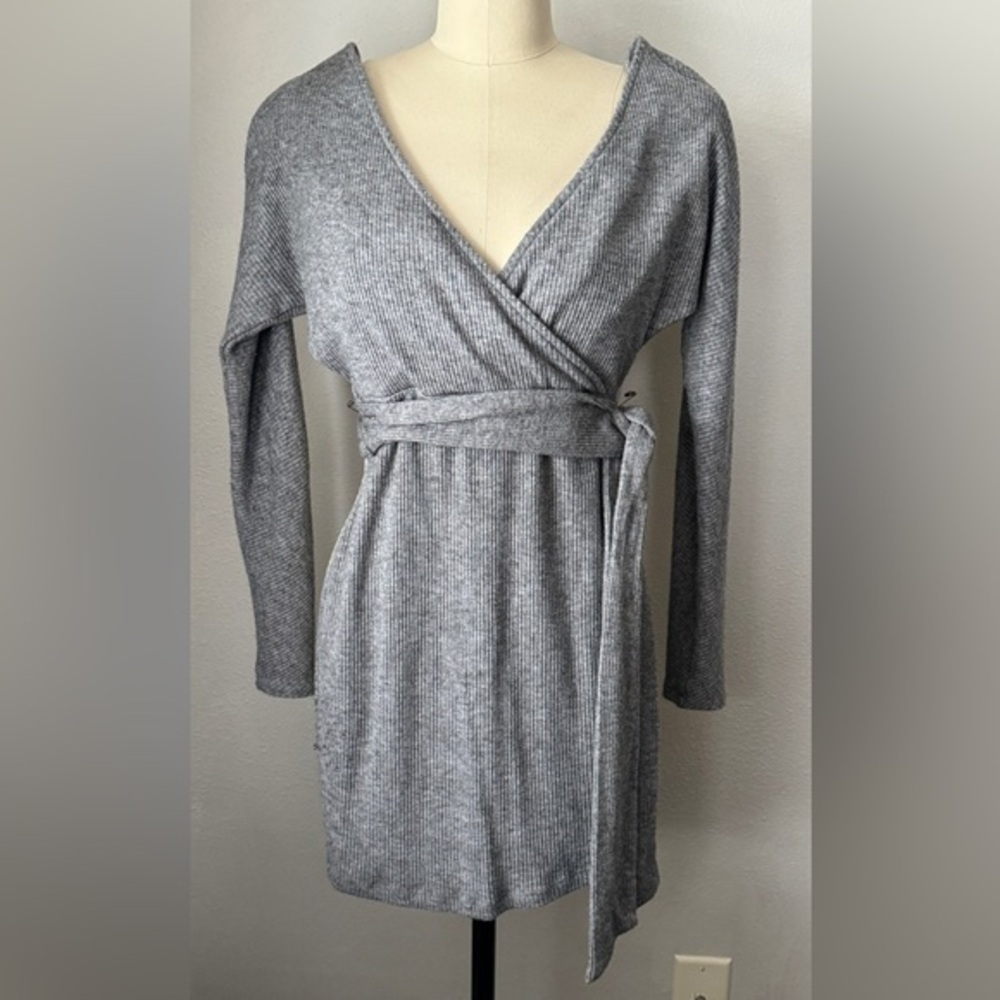 Gray super soft Rib Knit Mock Wrap Sweater Mini Dress size XS/S